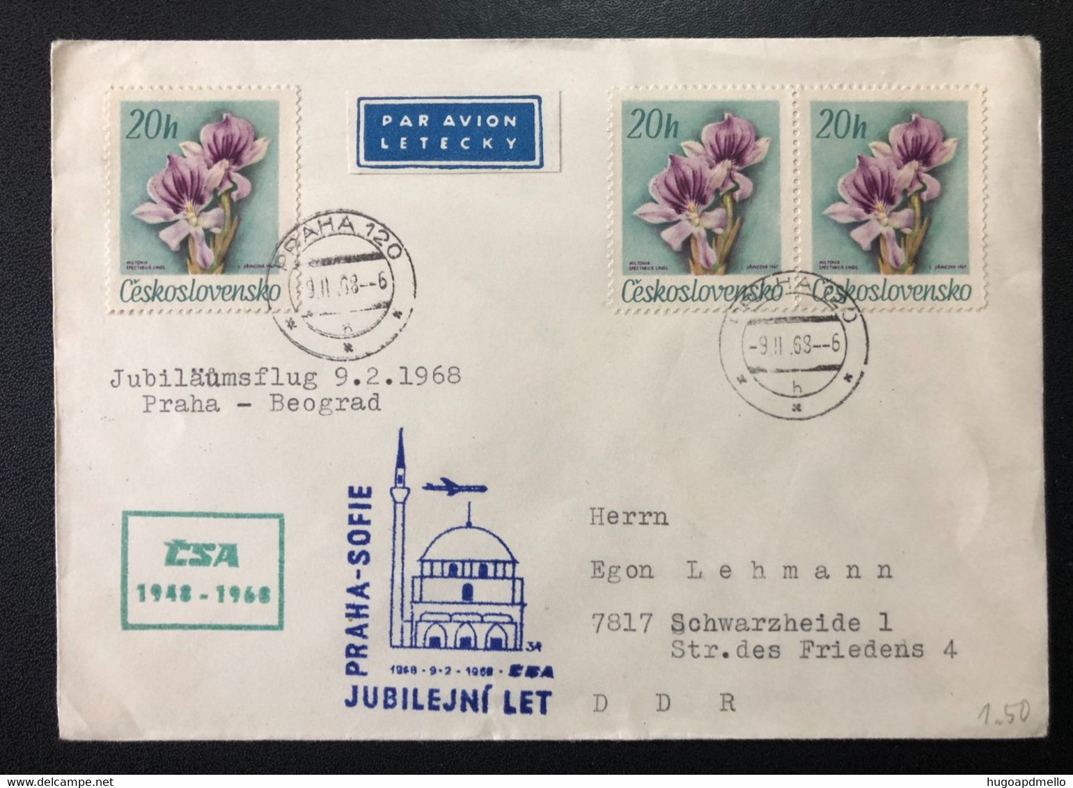 CZECHOSLOVAKIA, « 20 Years CSA First Flight PRAHA - SOFIA », 1968 - Poste Aérienne