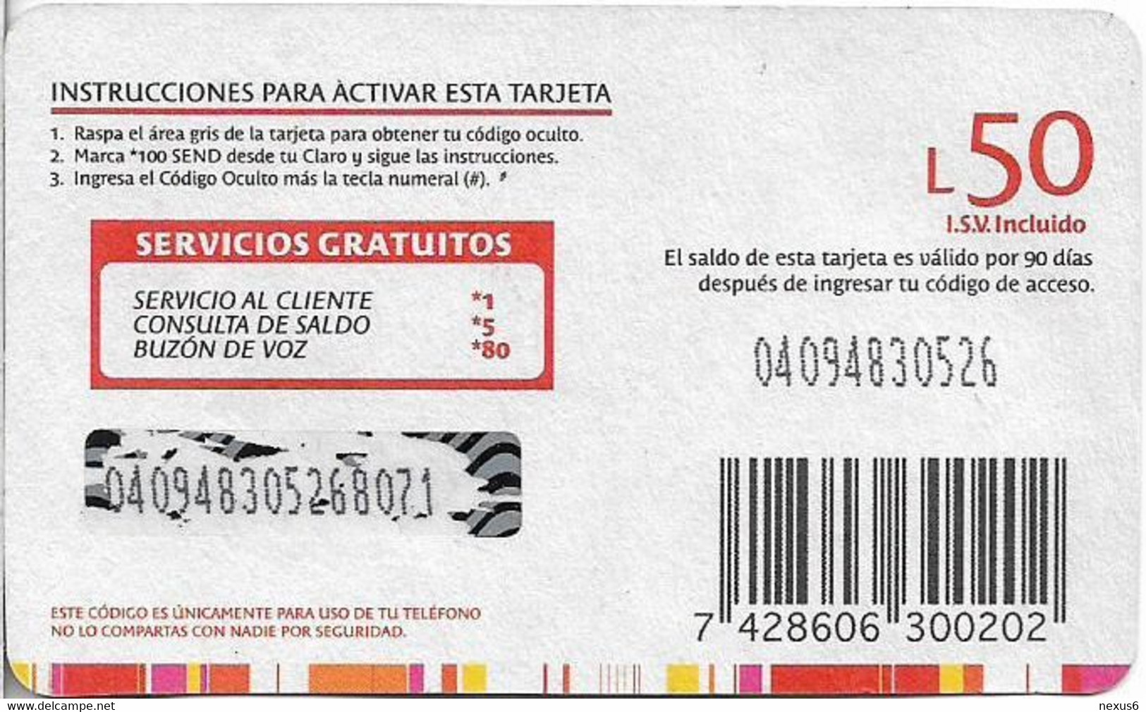 Honduras - Claro - Black 50 (Barcode Not In Box), GSM Refill 50H Lempira, Used - Honduras