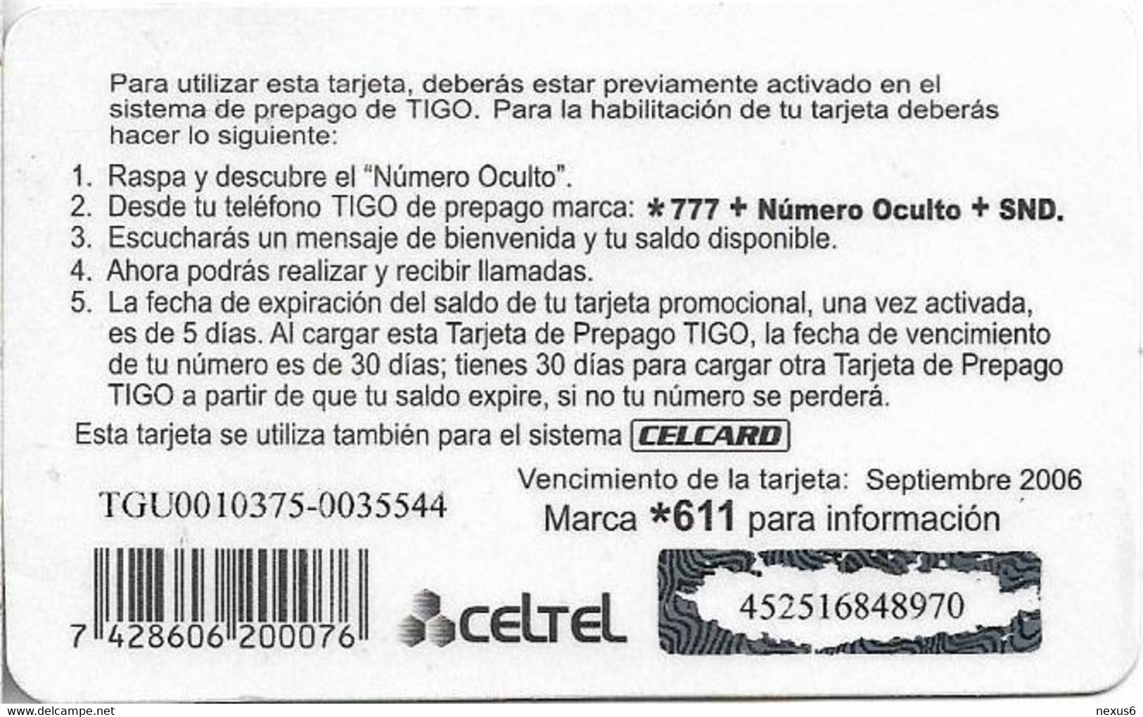 Honduras - Tigo - Man With Phone, Exp.09.2006, GSM Refill 50H Lempira, Used - Honduras