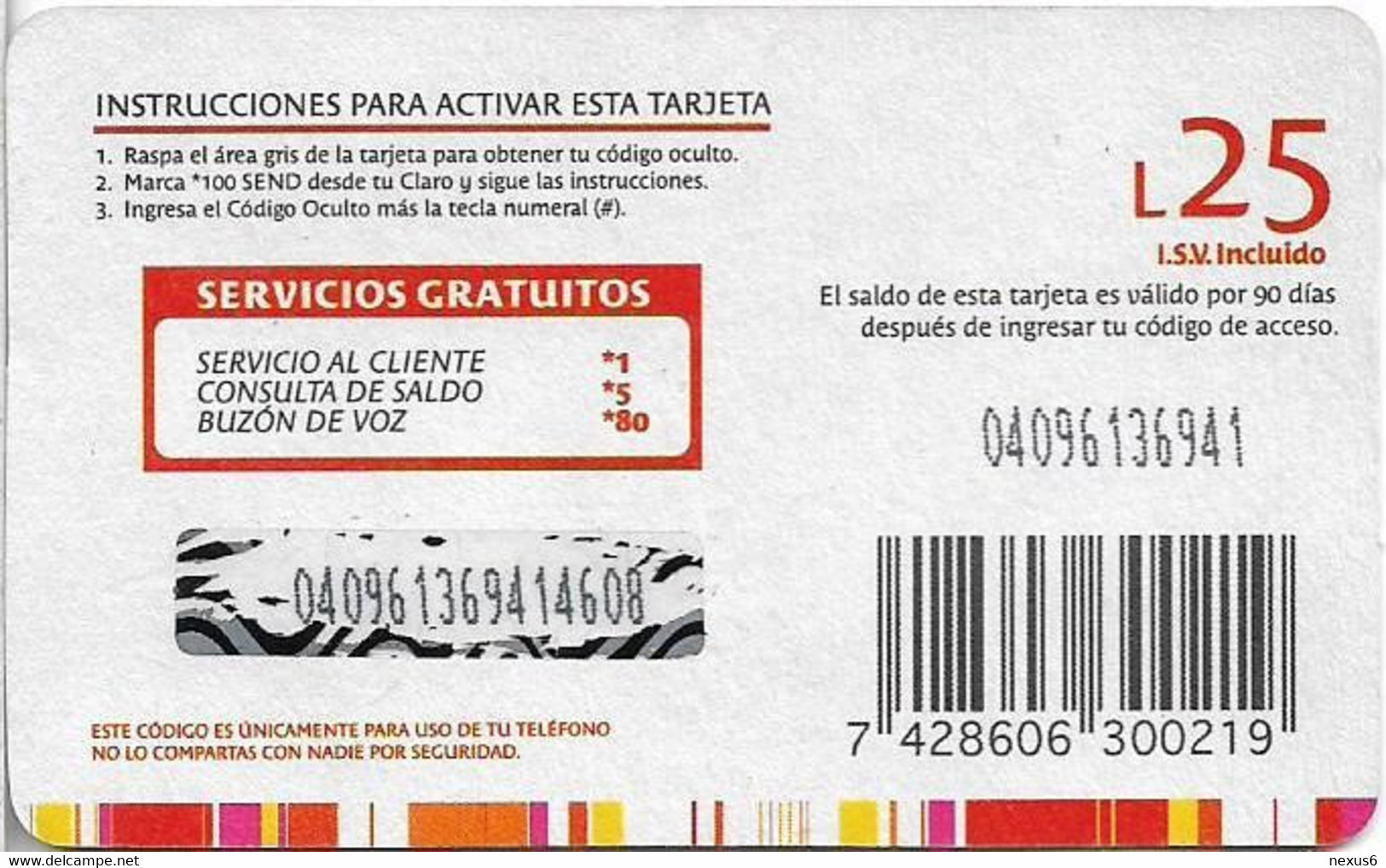 Honduras - Claro - Red 25 (Barcode Not In Box), GSM Refill 25H Lempira, Used - Honduras