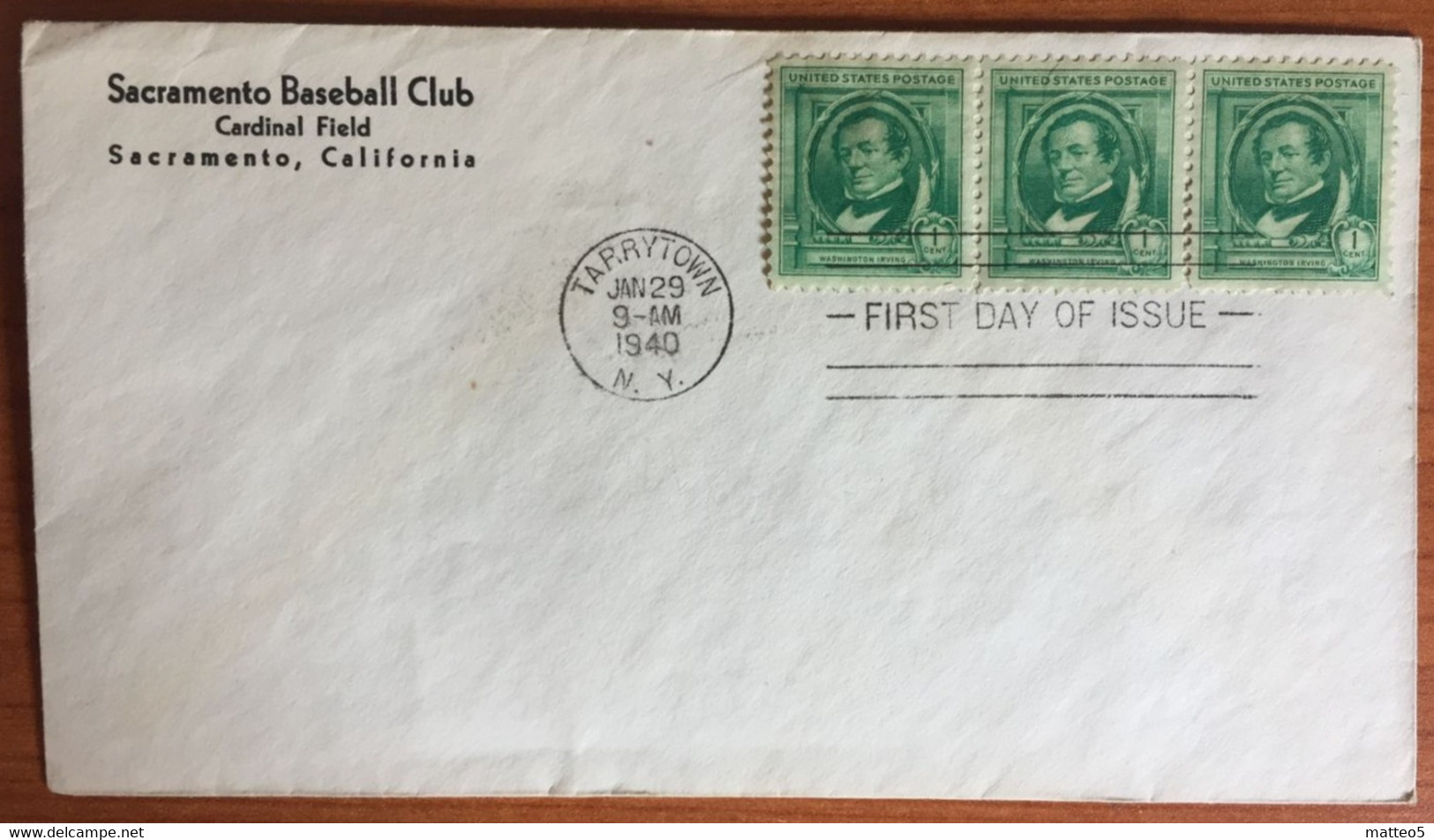 1940 - United States - FDC - Washington Irving 1c - Tarrytown - Sacramento Baseball Club - 582 - 1851-1940