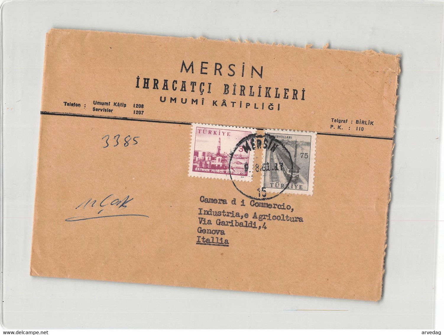 AG1914  02 MERSIN IHRACATCI BIRLIKLERI  TO GENOVA - Briefe U. Dokumente