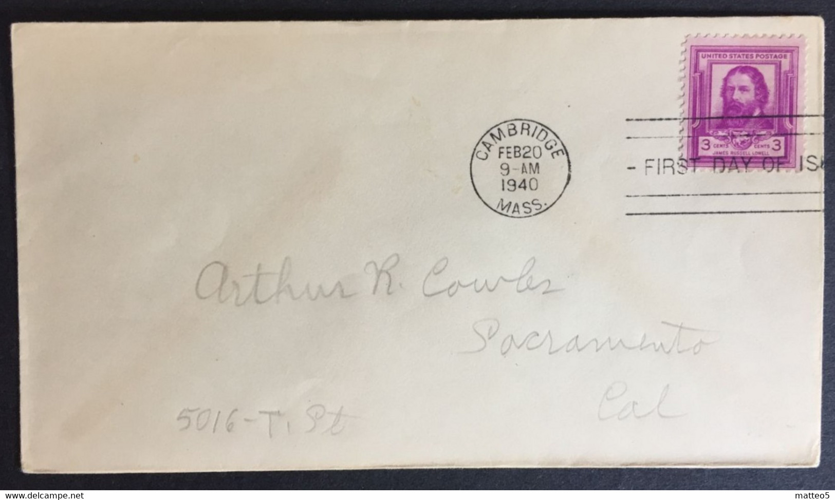 1940 - United States - FDC - James Russel Lowell 3c - Cambridge  - 587 - 1851-1940