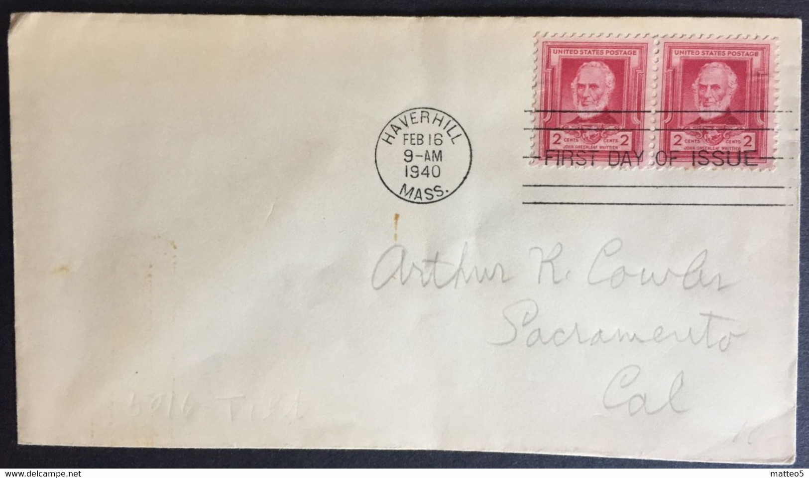 1940 - United States - FDC - John Greenleaf Whittier 2c - Haverhill - 589 - 1851-1940