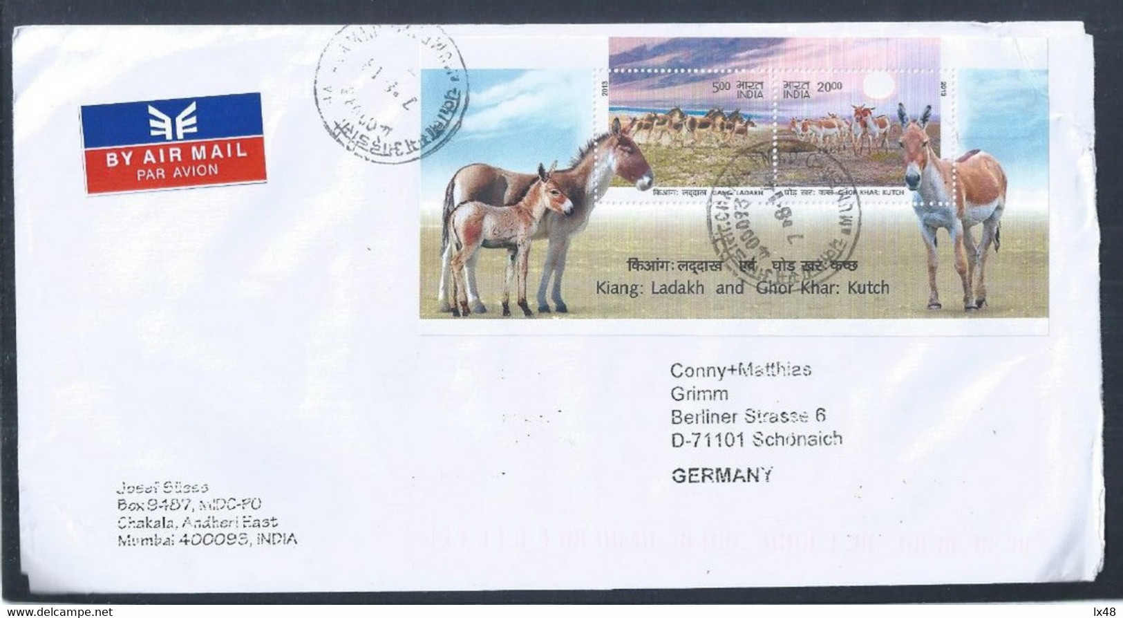 Dumb. Letter With India Block With 2 Stamps With Donkeys. Brief Mit Indien Block Mit 2 Briefmarken Mit Eseln. Dom.Burro - Burros Y Asnos