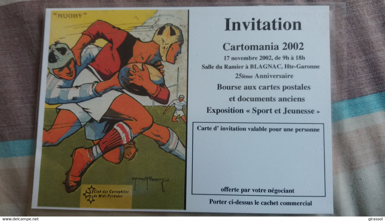 CARTE D INVITATION SPORT RUGBY INVITATION POUR LE SALON CARTOMNIA DE BLAGNAC HTE GARONNE 2002 - Rugby