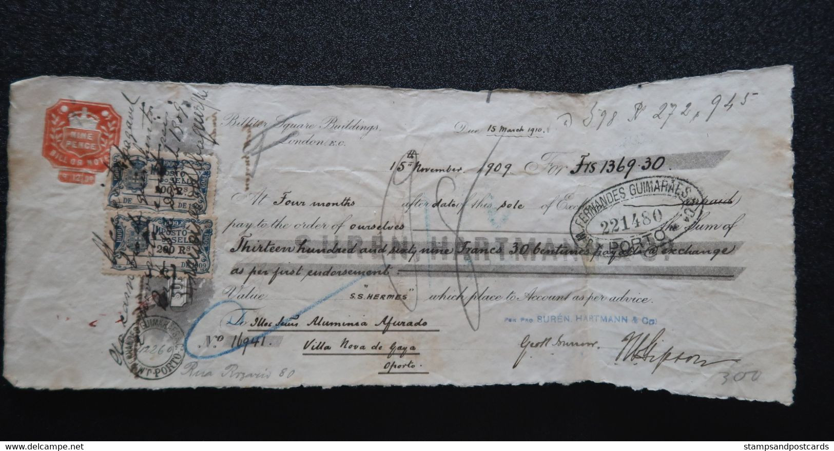 Royaume Uni Portugal Lettre De Change 1909 Timbre Fiscal Bateau S/s Hermes Ship Bill United Kingdom Revenue Stamp - Briefe U. Dokumente