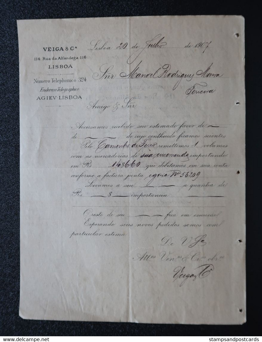 Portugal Facture 1907 Veiga & Co. Lisboa Cordonnier Envoi Par Chemin De Fer Railway Shipping Invoice Shoemaker - Royaume-Uni