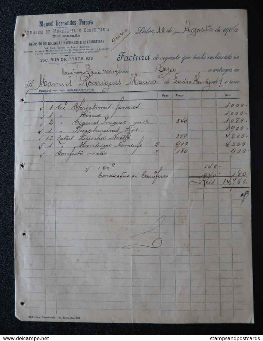 Portugal Facture 1906 Manoel Fernandes Pereira Tabac Farine Nestle Envoi Par Chemin De Fer Railway Shipping Invoice - Royaume-Uni