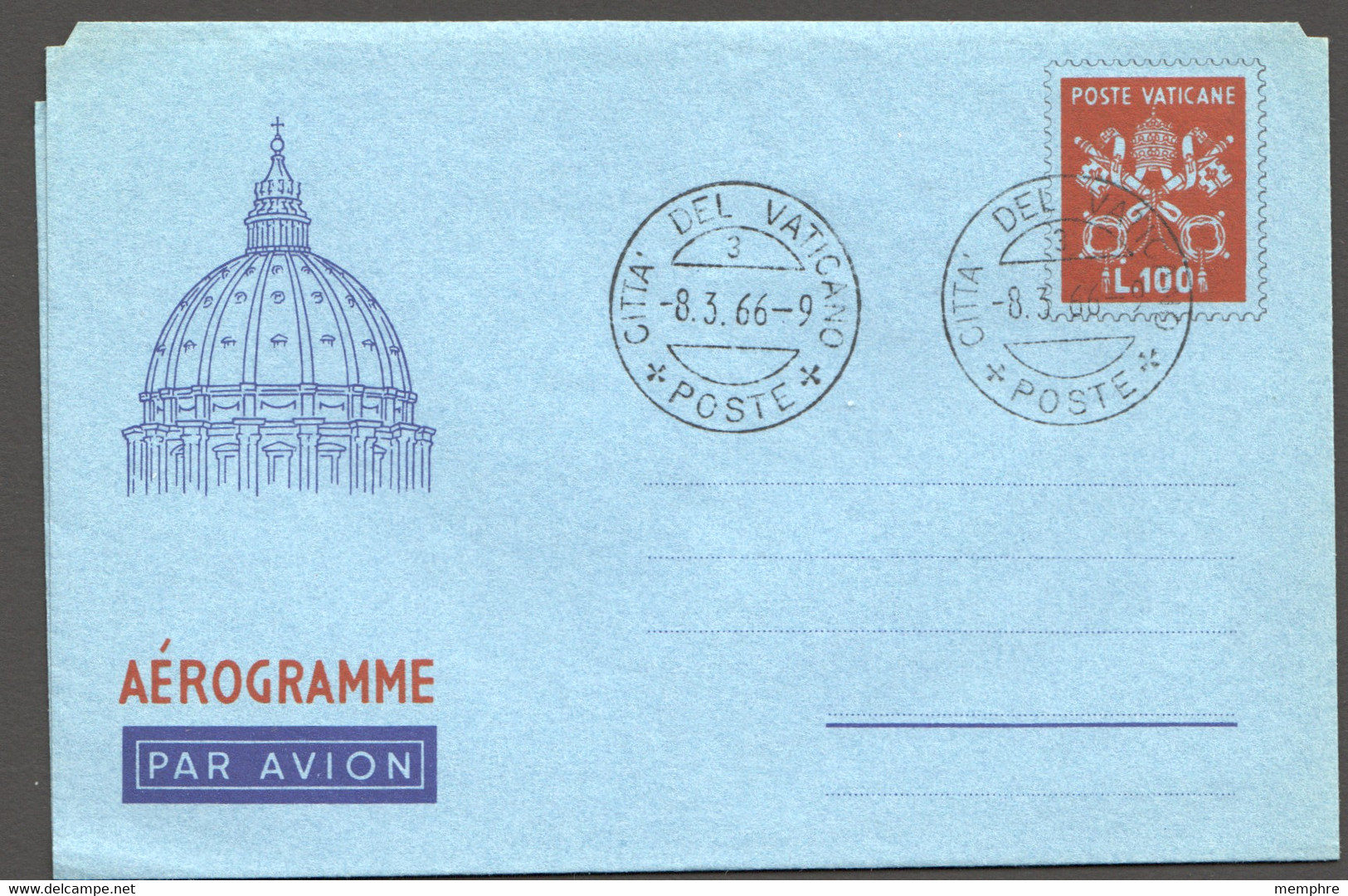 1966  Aerogramme 100lira  St Peter Dome  Cancelled, Not Adressed - Enteros Postales