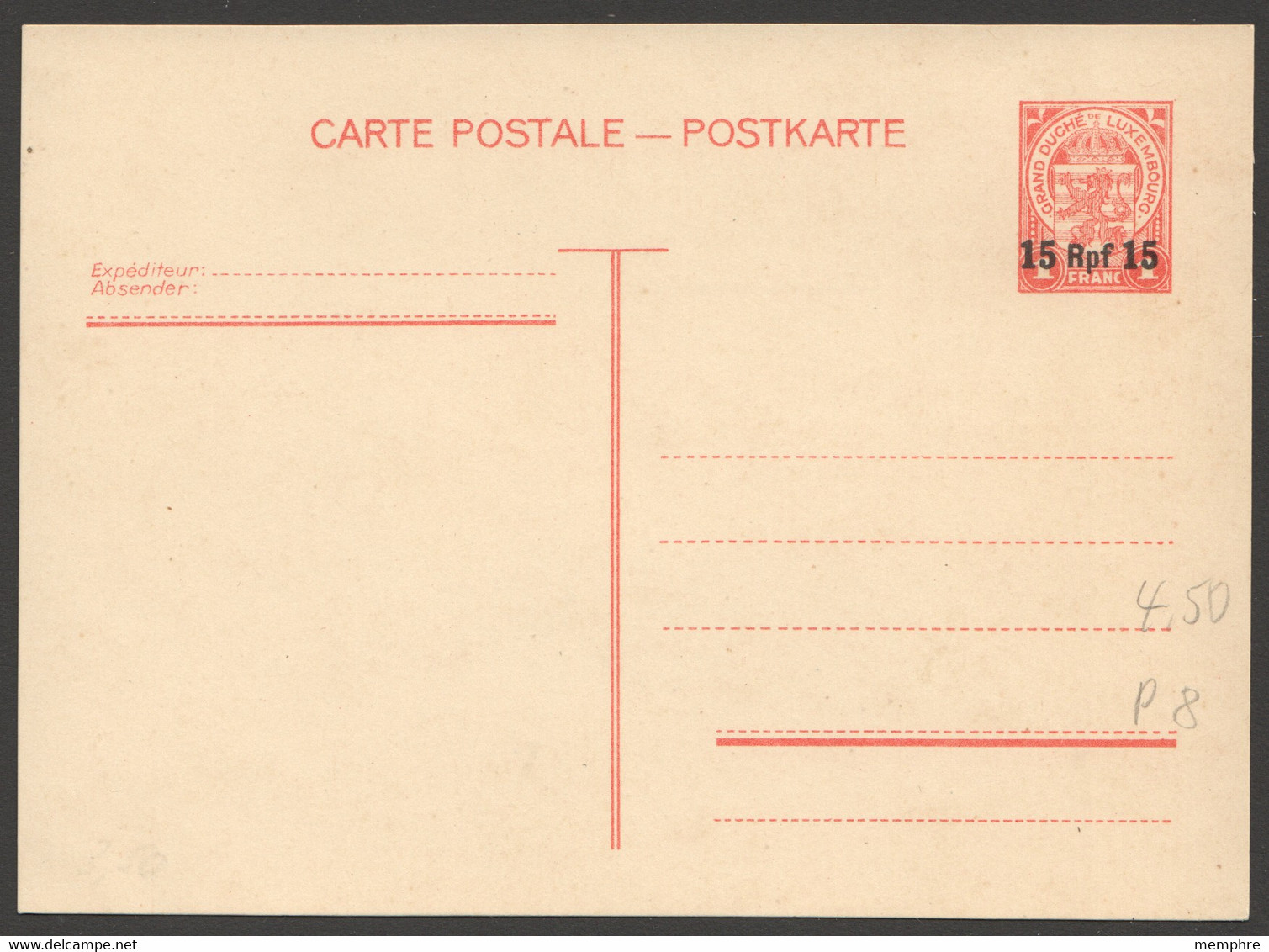 Carte Postale Occupation Allemande  15 Rpf  Non-écrite Prifix P8 - Postwaardestukken