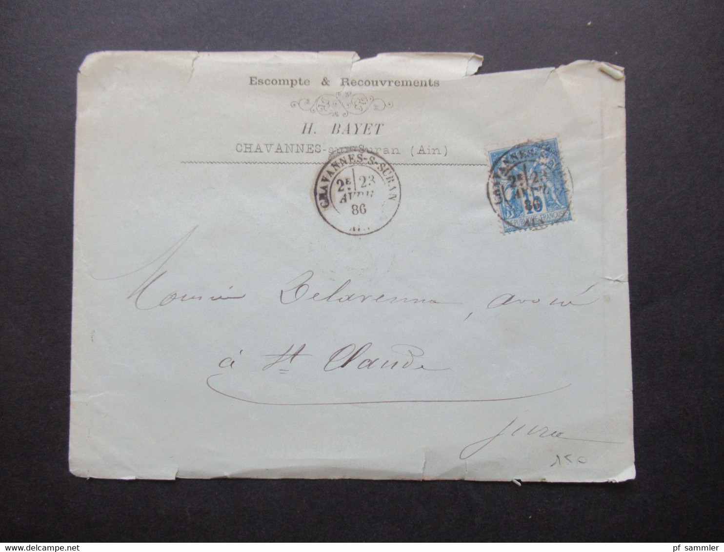 Frankreich 1886 Sage EF Stempel K2 Chavannes S Suran Umschlag Escompte & Recouvrements H. Bayet Nach St Claude - Prêts-à-marquer