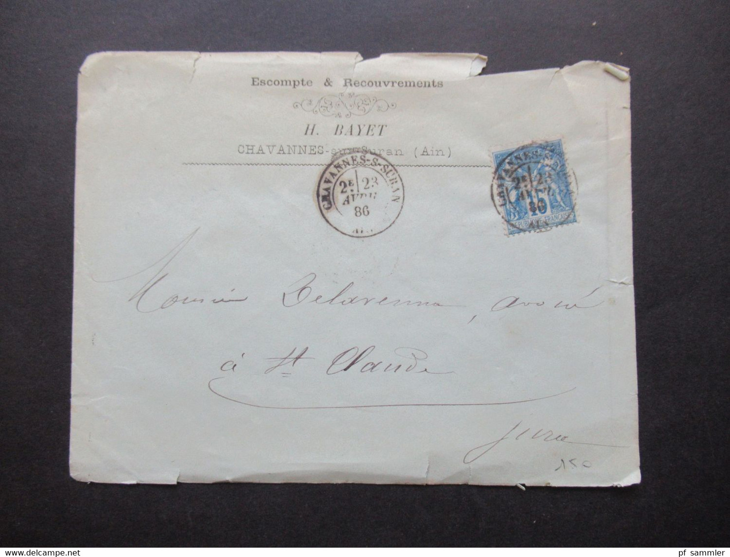 Frankreich 1886 Sage EF Stempel K2 Chavannes S Suran Umschlag Escompte & Recouvrements H. Bayet Nach St Claude - Listos A Ser Marcados