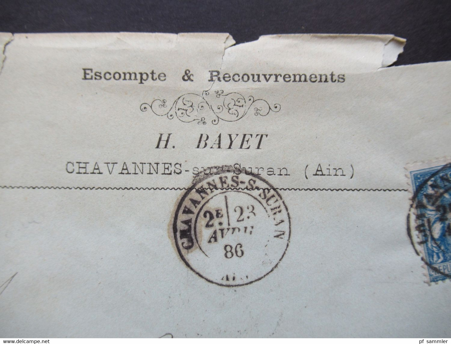 Frankreich 1886 Sage EF Stempel K2 Chavannes S Suran Umschlag Escompte & Recouvrements H. Bayet Nach St Claude - Prêts-à-marquer