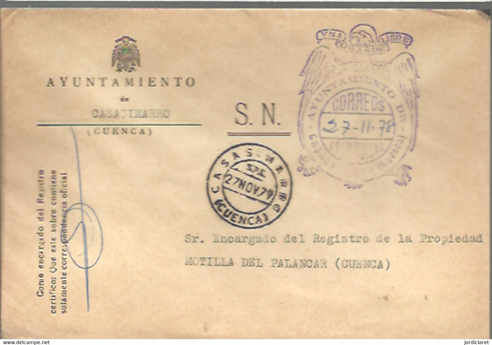 MARCA  AYUNTAMIENTO  CASASIMARRO  CUENCA 1978 - Franchigia Postale