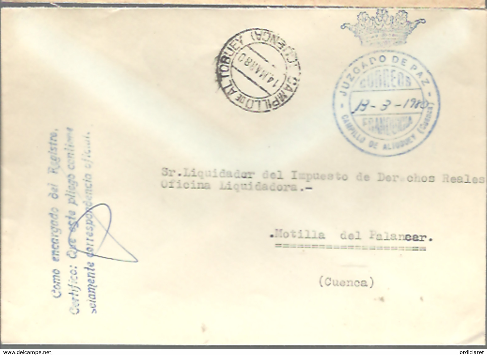 MARCA  JUZGADO DE PAZ CAMPILLO DE ALIOBUEY  CUENCA 1980 - Franquicia Postal