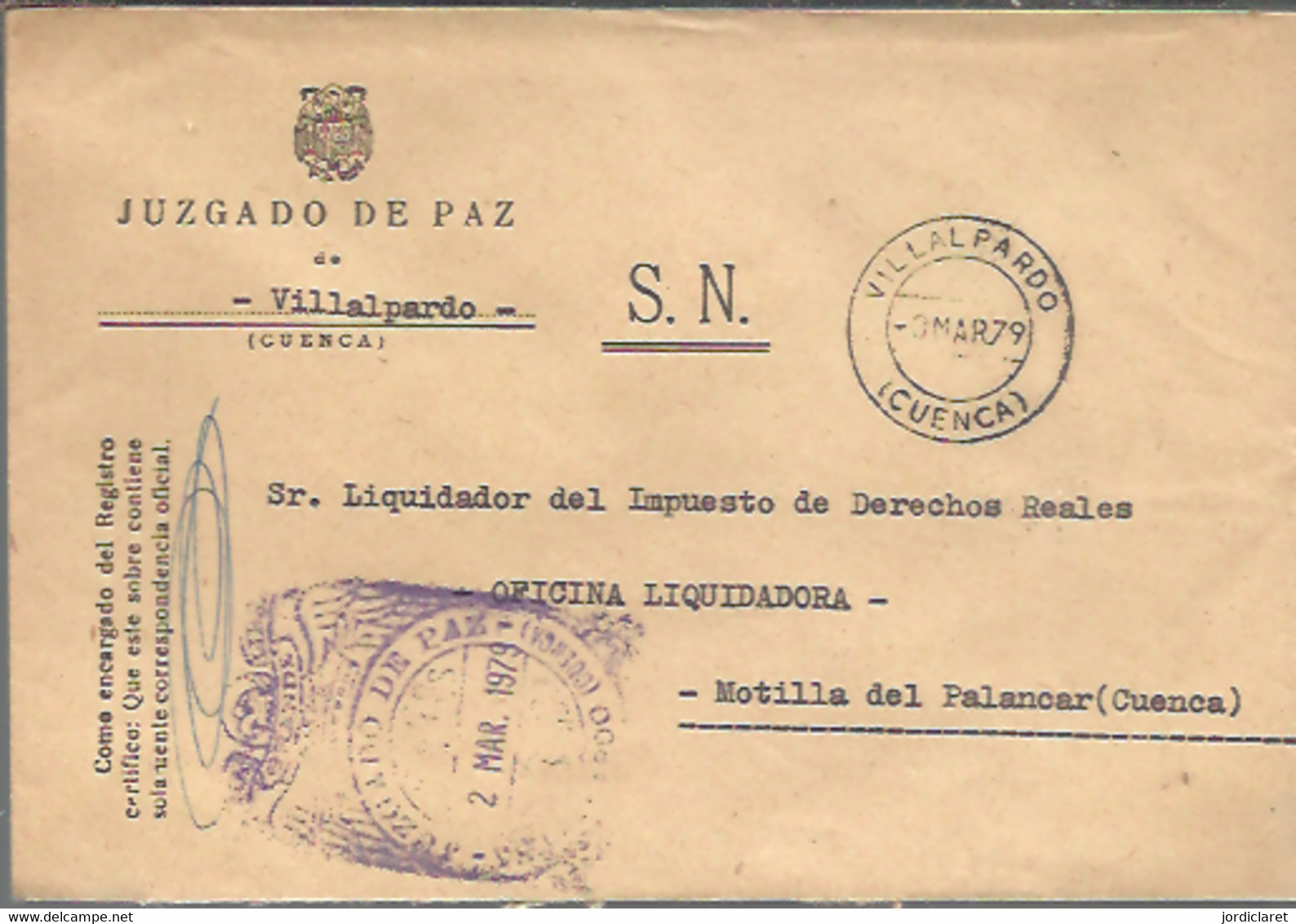 MARCA  JUZGADO DE PAZ VILLAPARDO  CUENCA 1979 - Postage Free