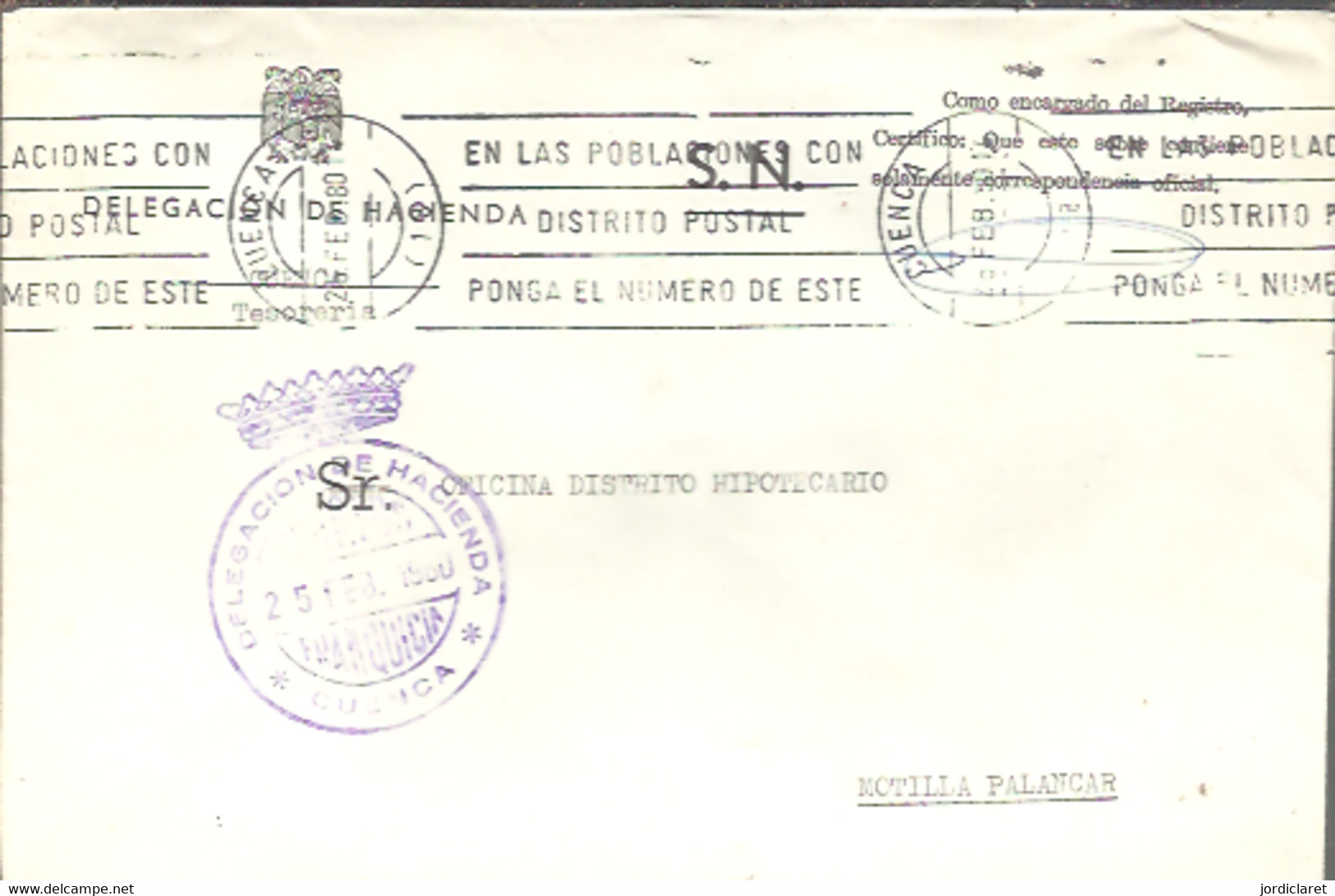 MARCA  DELEGACION DE HACIENDA CUENCA 1980 - Postage Free