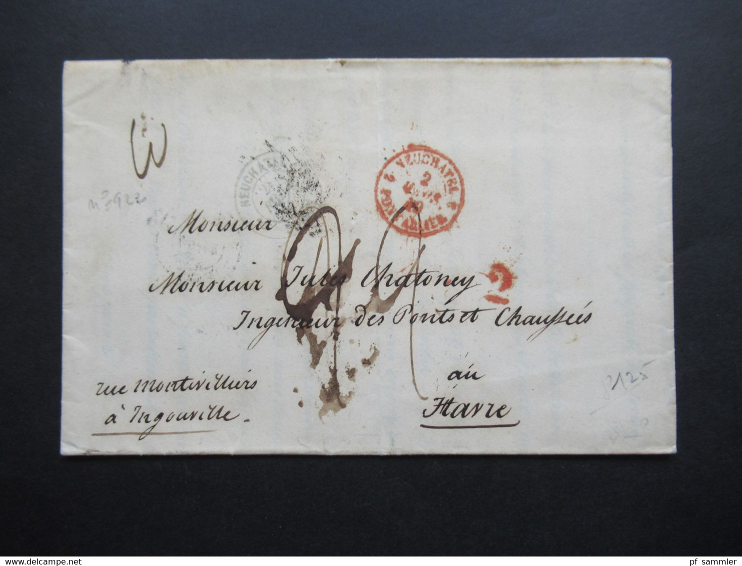 Schweiz 1849 Faltbrief Mit Inhalt Neuchatel über Paris Nach Le Havre Roter Stempel Neuchatel 2 Pontarlier 2 - 1843-1852 Timbres Cantonaux Et  Fédéraux