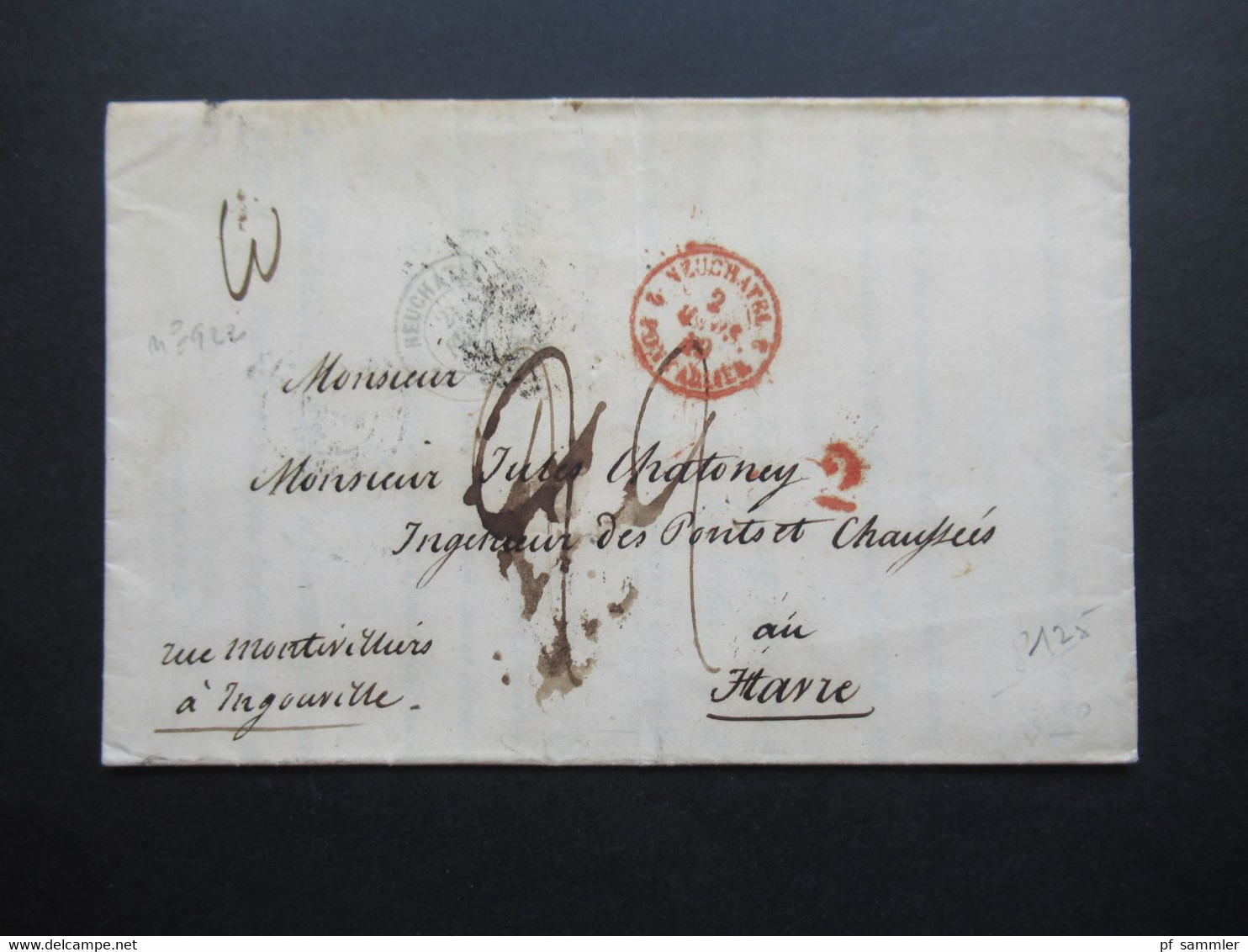 Schweiz 1849 Faltbrief Mit Inhalt Neuchatel über Paris Nach Le Havre Roter Stempel Neuchatel 2 Pontarlier 2 - 1843-1852 Kantonalmarken Und Bundesmarken