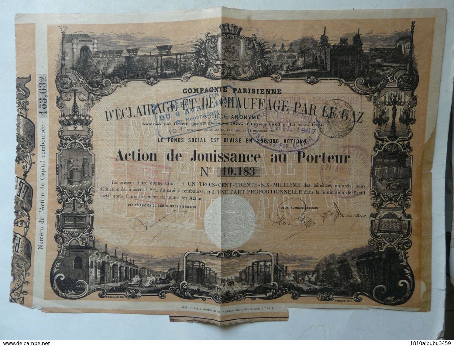 ACTION DE JOUISSANCE AU PORTEUR - COMPAGNIE PARISIENNE D'ECLAIRAGE ET DE CHAUFFAGE PAR LE GAZ 1907 - Elektrizität & Gas