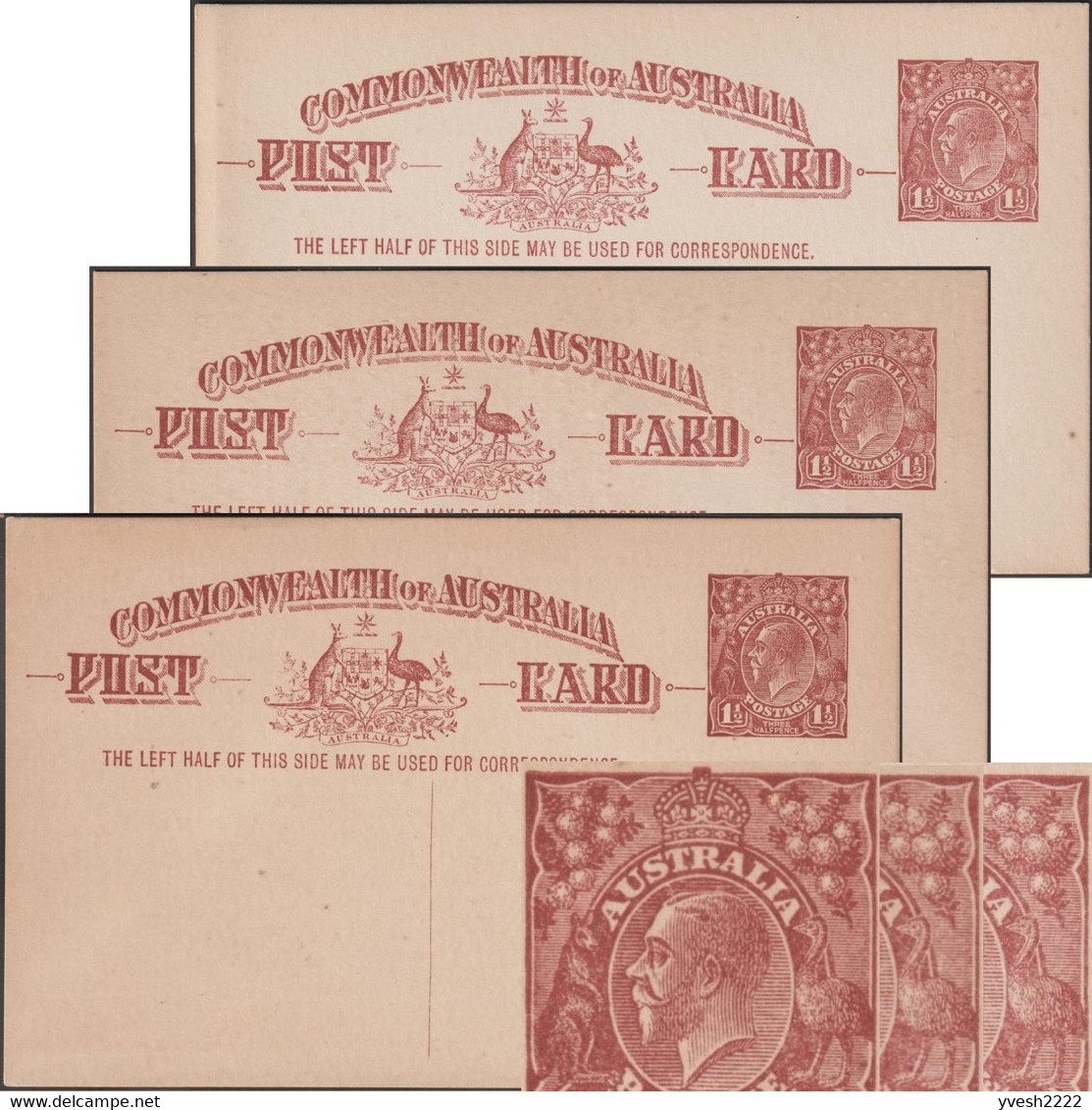 Australie 1922. 3 Entiers Postaux à 1½ Penny à L'effigie De George V. 3 Couleurs Différentes. Kangourou Et émeu - Ostriches