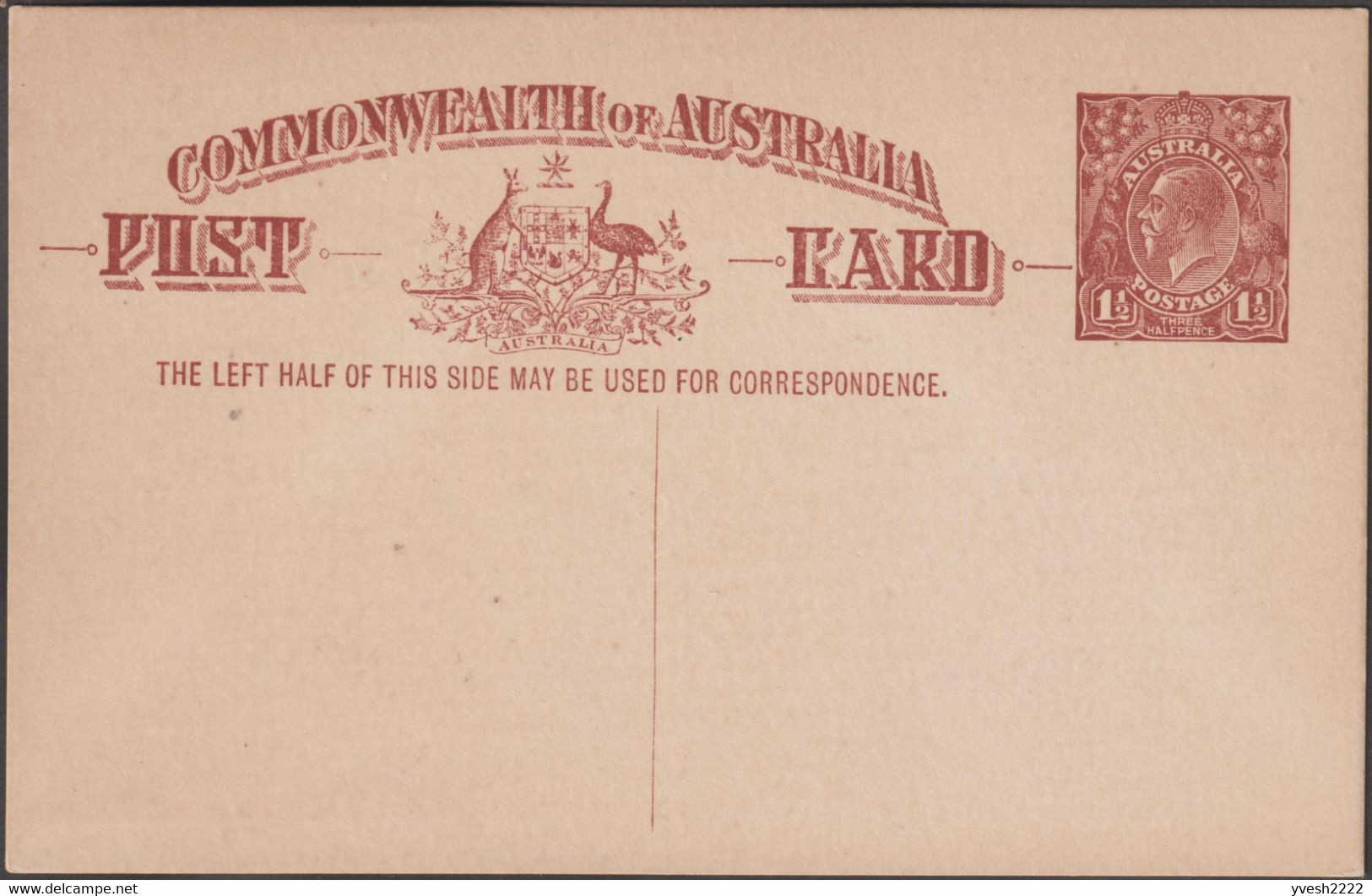Australie 1922. 3 entiers postaux à 1½ penny à l'effigie de George V. 3 couleurs différentes. Kangourou et émeu
