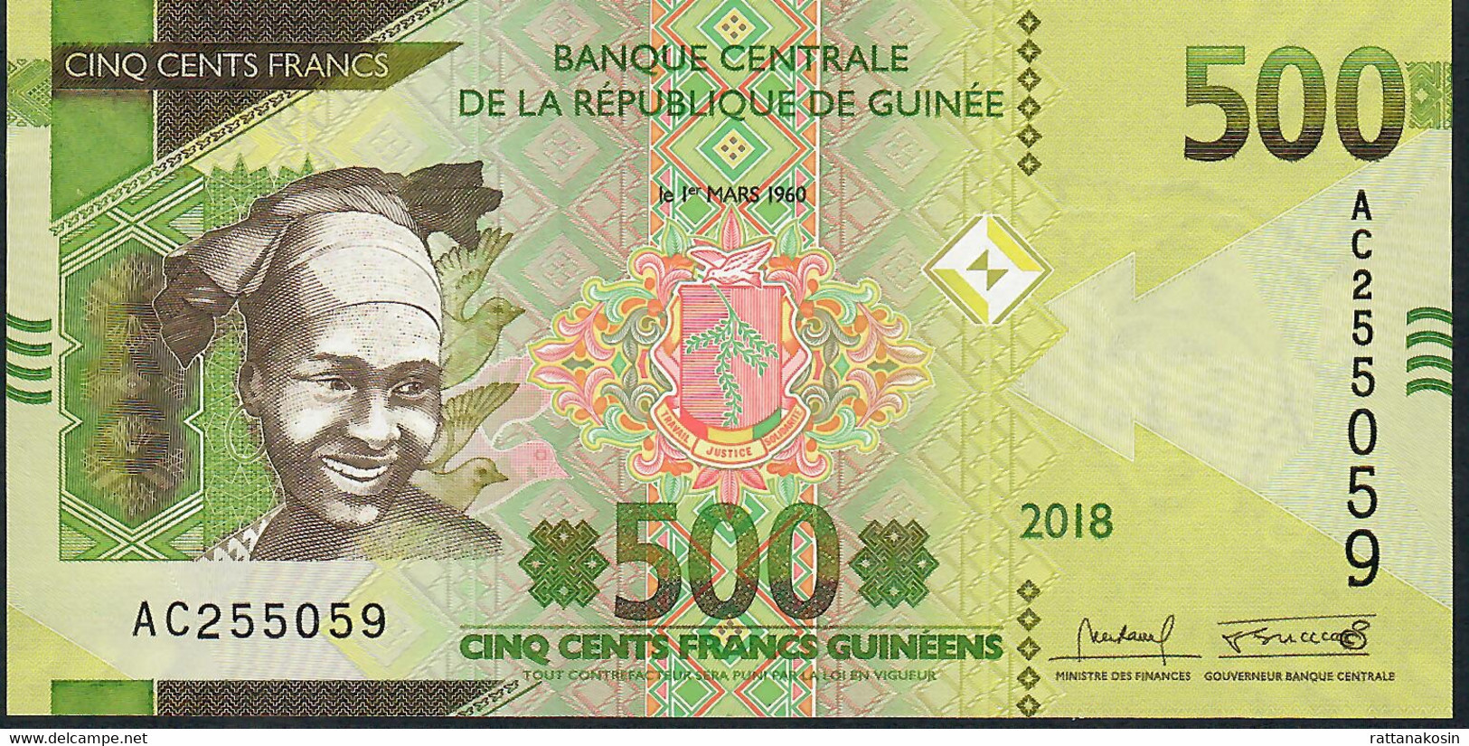 GUINEA NLP 500 FRANCS 2018  FIRST PREFIX ISSUED #AC  !  Issued August 2019 UNC. - Guinea