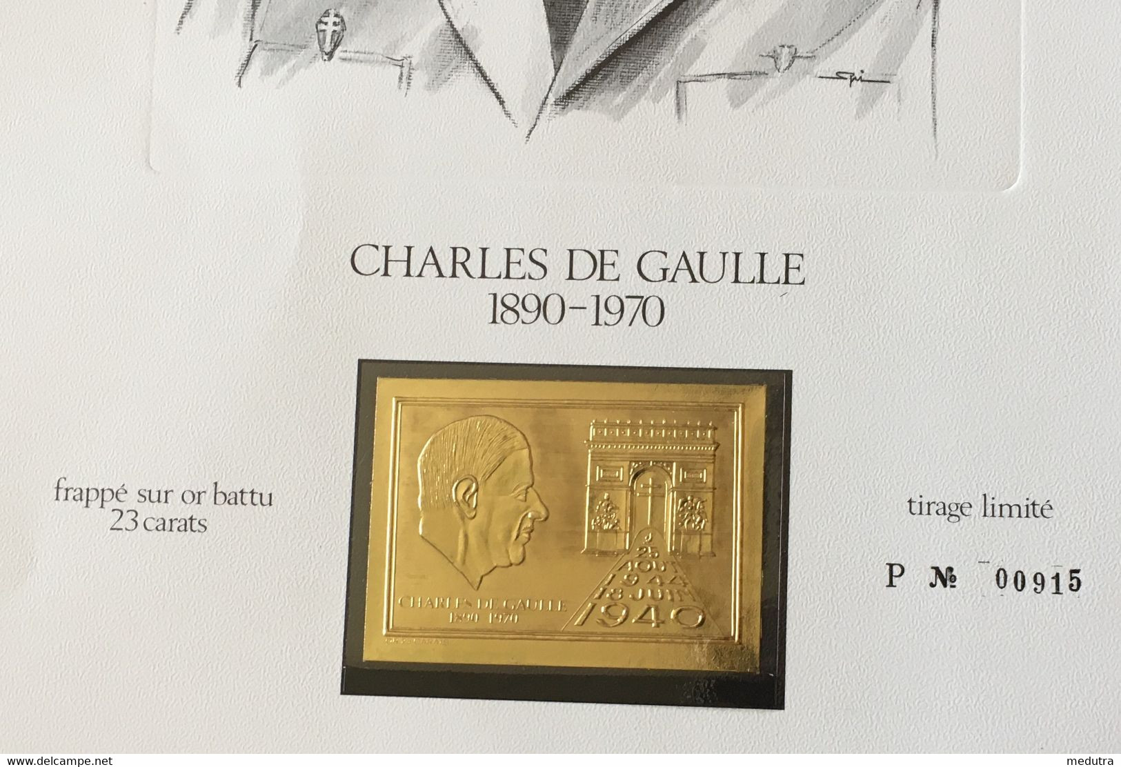 Médaille Or De Gaulle Sur Encart Cartonné A4 Numéroté (tirage Limité) - Otros & Sin Clasificación