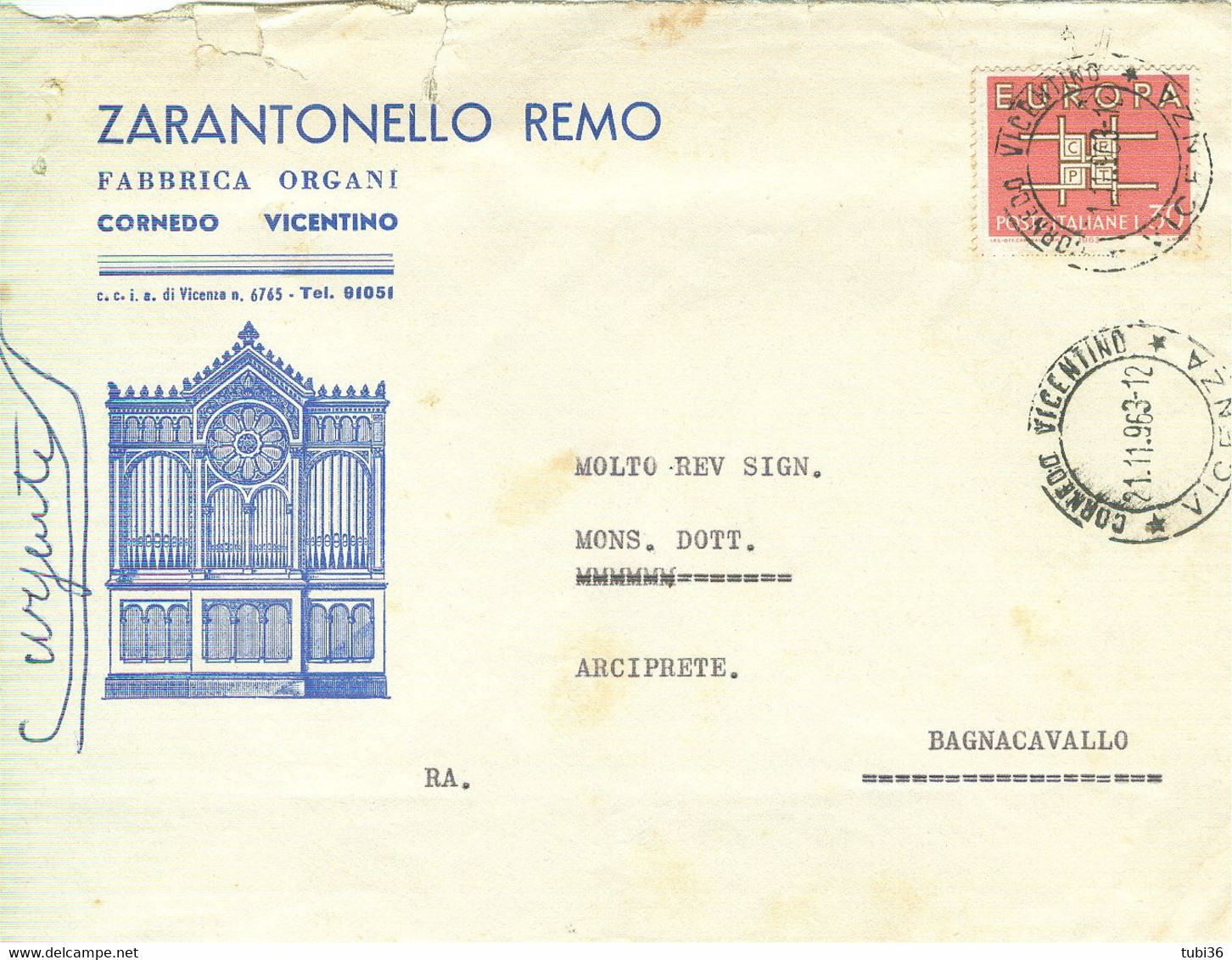 ZARANTONELLO REMO,FABBRICA ORGANI CORNEDO VICENTINO,VICENZA, BUSTA LOGO,1963,TIMBRO POSTE CORNEDO VICENTINO (VICENZA) RR - Instruments De Musique