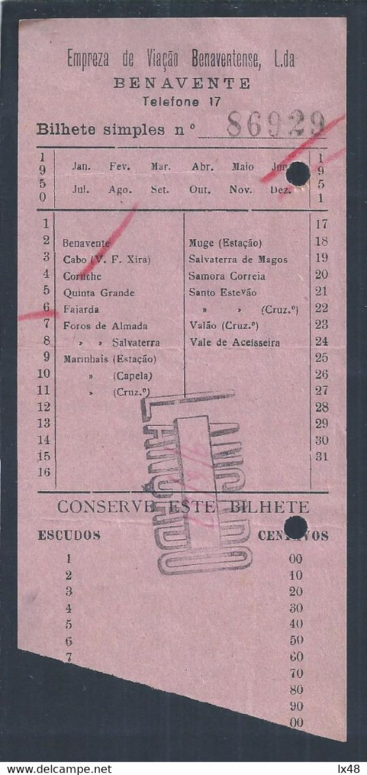 Ticket From Empresa De Viação Benaventense, 1951 From Fajarda A Cabo, Vila Franca Xira. Rare. Ticket Von Empresa De Viaç - Wereld