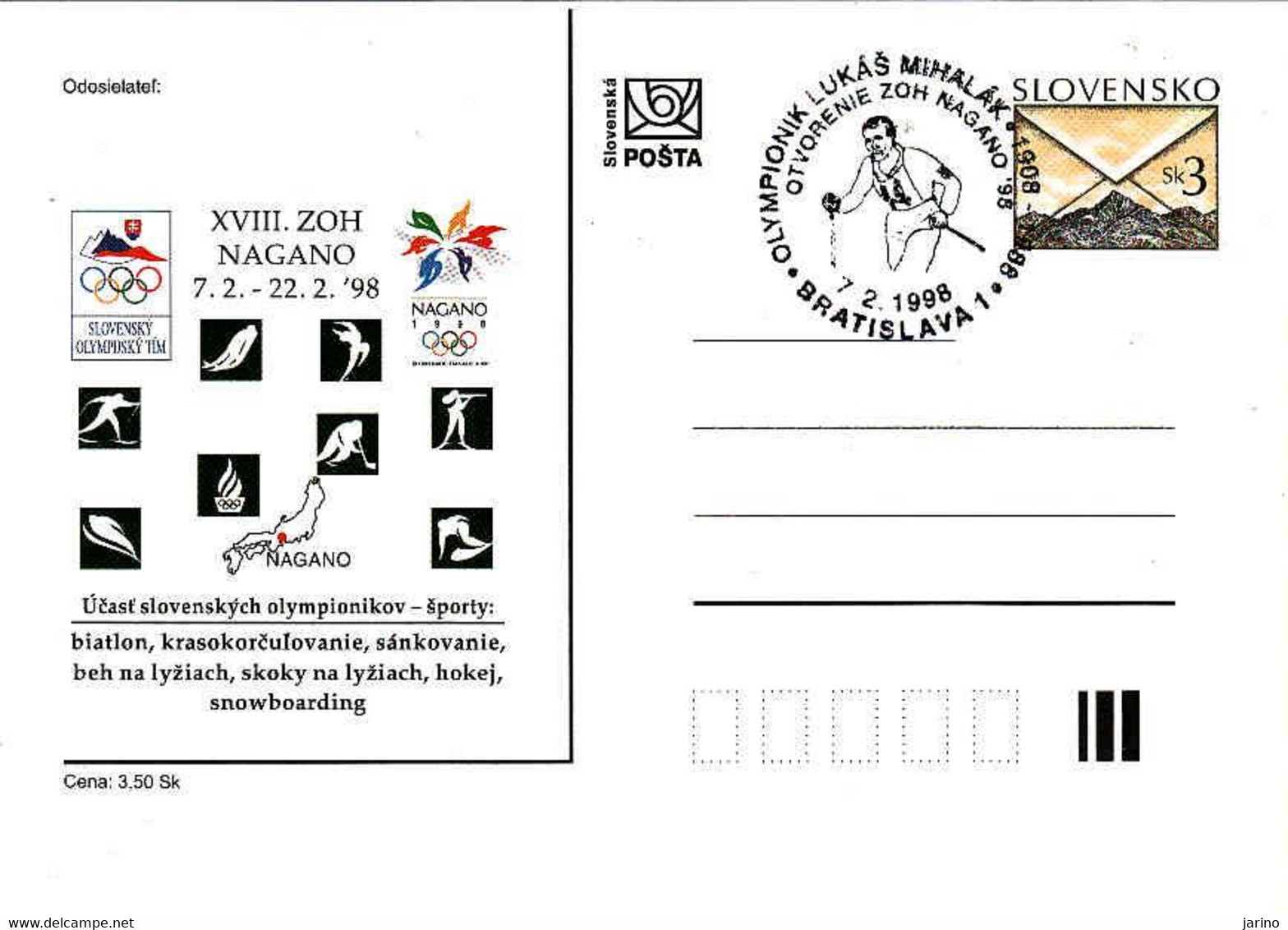 Slovakia 1998. Postal Stationery Card, Olympic Games Nagano 1998, Stamp Of The Opening Of The Olympic Games - Covers & Documents