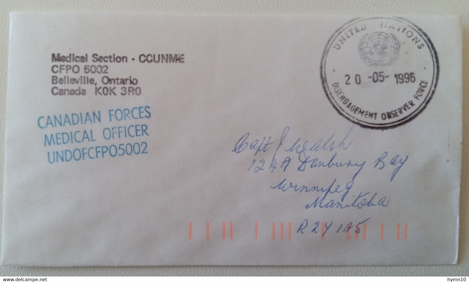 1996 CHYPRE+MISSION MILITAIRE DES NATIONS UNIES+ARMÉE CANADIENNE+Lettre+Cachet MEDICAL SECTION-UNDOF+CFPO 05002-LL974 - Lettres & Documents