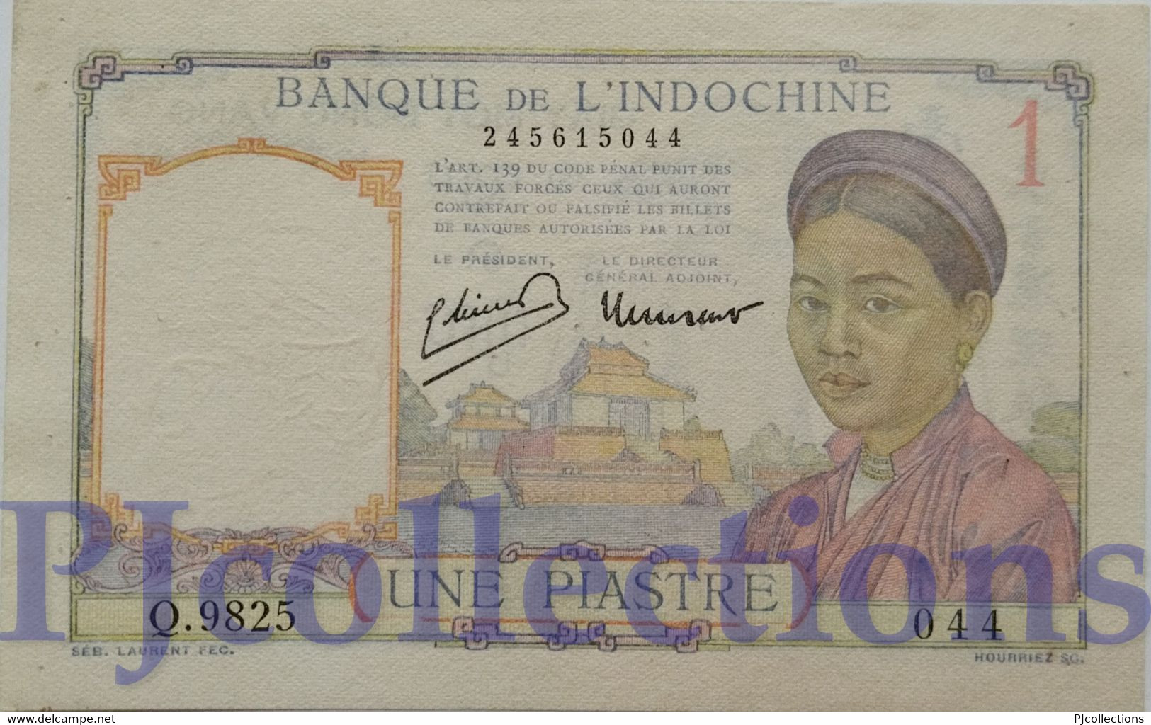 FRENCH INDOCHINA 1 PIASTRE 1946 PICK 54c AUNC W/LITTLE HOLES - Indochine