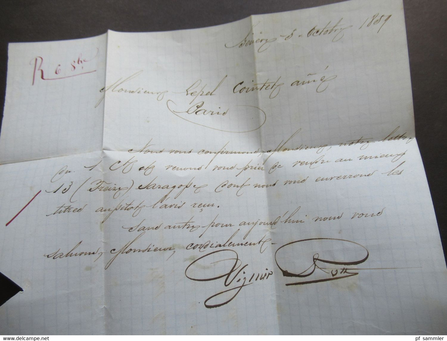 Schweiz 1859 Faltbrief Mit Inhalt Bartaxe Auslandsbrief Geneve - Paris Roter K2 Suisse AMB Geneve Rücks. Bahnpost Stempe - Cartas & Documentos