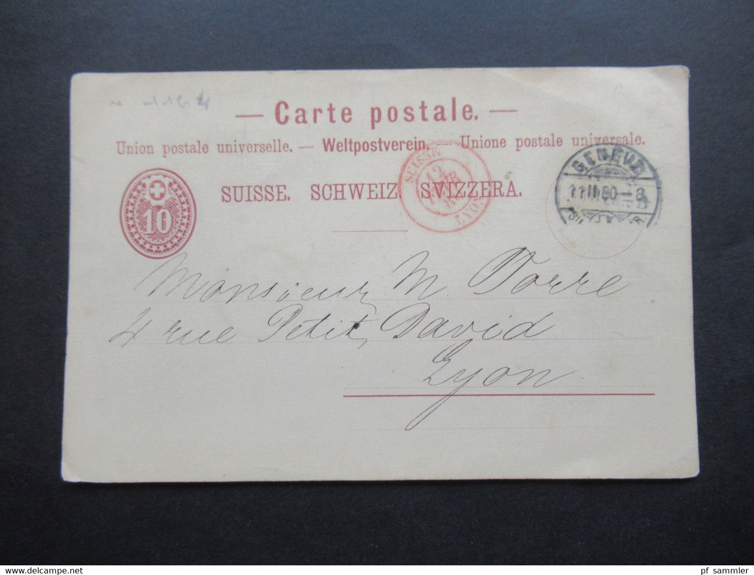 Schweiz 1880 Ganzsache Auslandskarte Geneve - Lyon Roter K2 Suisse Lyon Gedruckte Karte Grande Vitesse Charles Fischer - Stamped Stationery