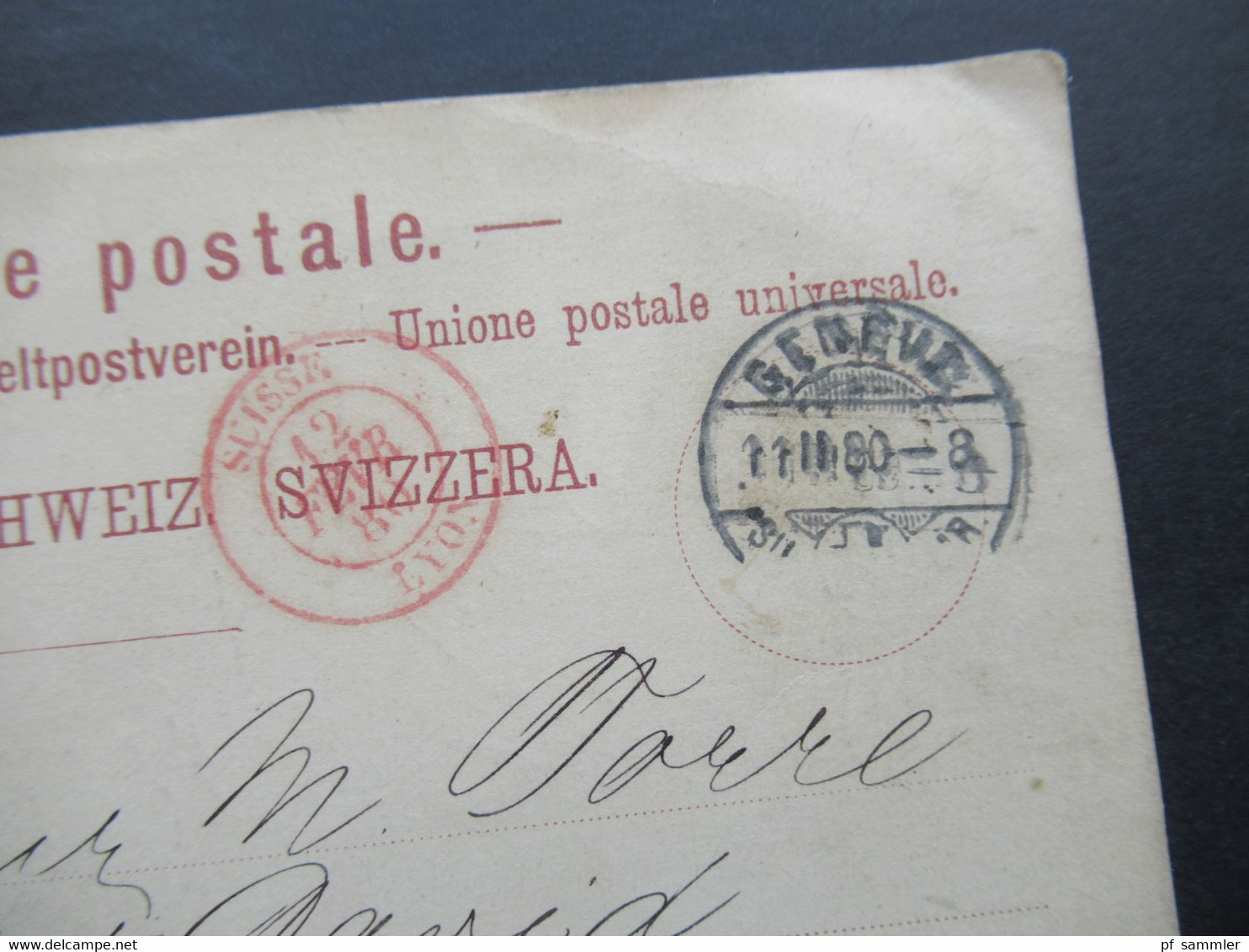 Schweiz 1880 Ganzsache Auslandskarte Geneve - Lyon Roter K2 Suisse Lyon Gedruckte Karte Grande Vitesse Charles Fischer - Ganzsachen