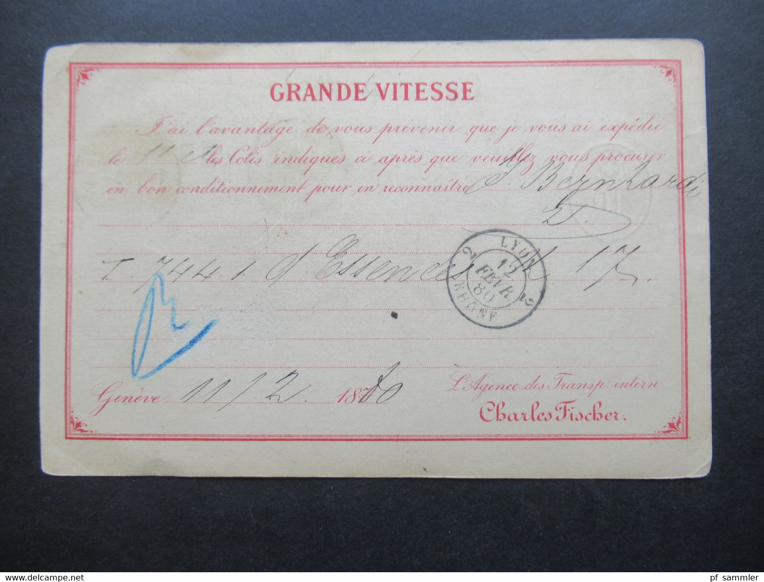 Schweiz 1880 Ganzsache Auslandskarte Geneve - Lyon Roter K2 Suisse Lyon Gedruckte Karte Grande Vitesse Charles Fischer - Stamped Stationery