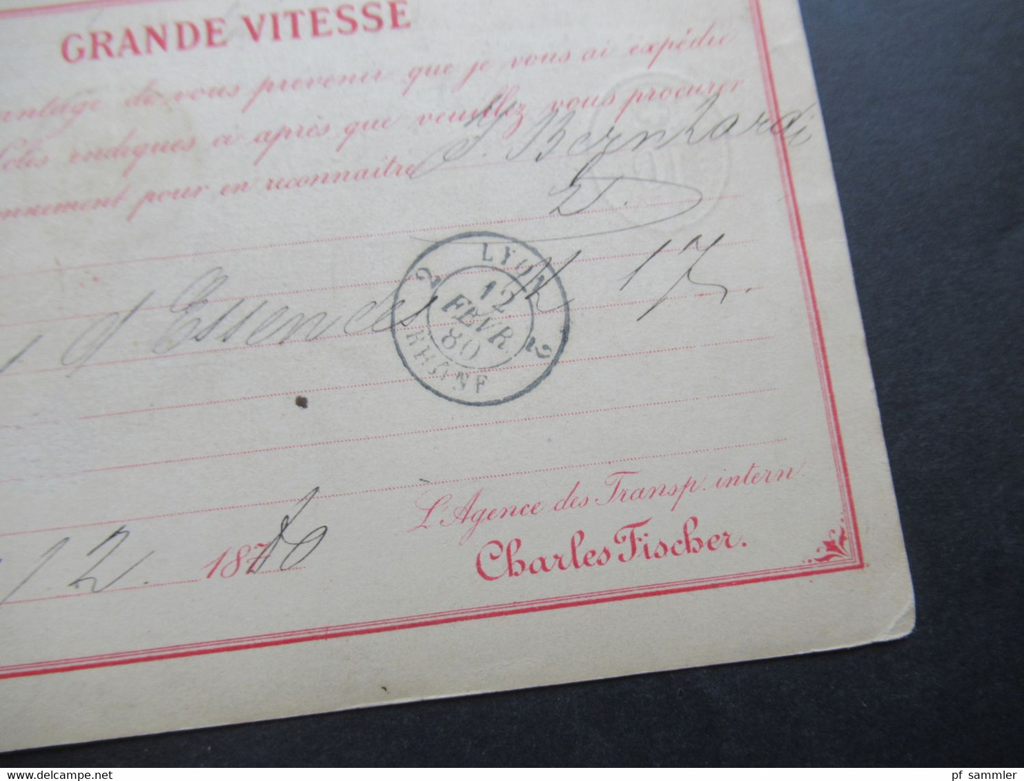 Schweiz 1880 Ganzsache Auslandskarte Geneve - Lyon Roter K2 Suisse Lyon Gedruckte Karte Grande Vitesse Charles Fischer - Stamped Stationery