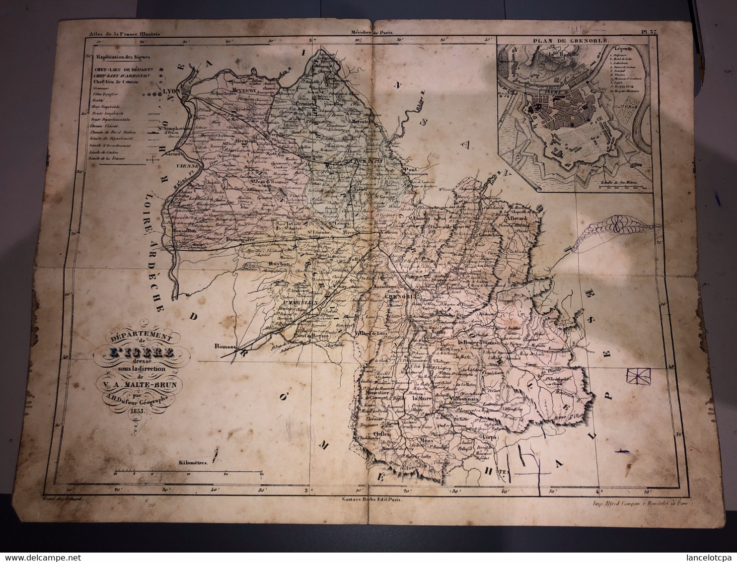 VIEUX PLAN DU DEPARTEMENT DE L'ISERE 1853 - V.-A. MALTE-BRUN Par A.H.DUFOUR GEOGRAPHE - Andere Pläne