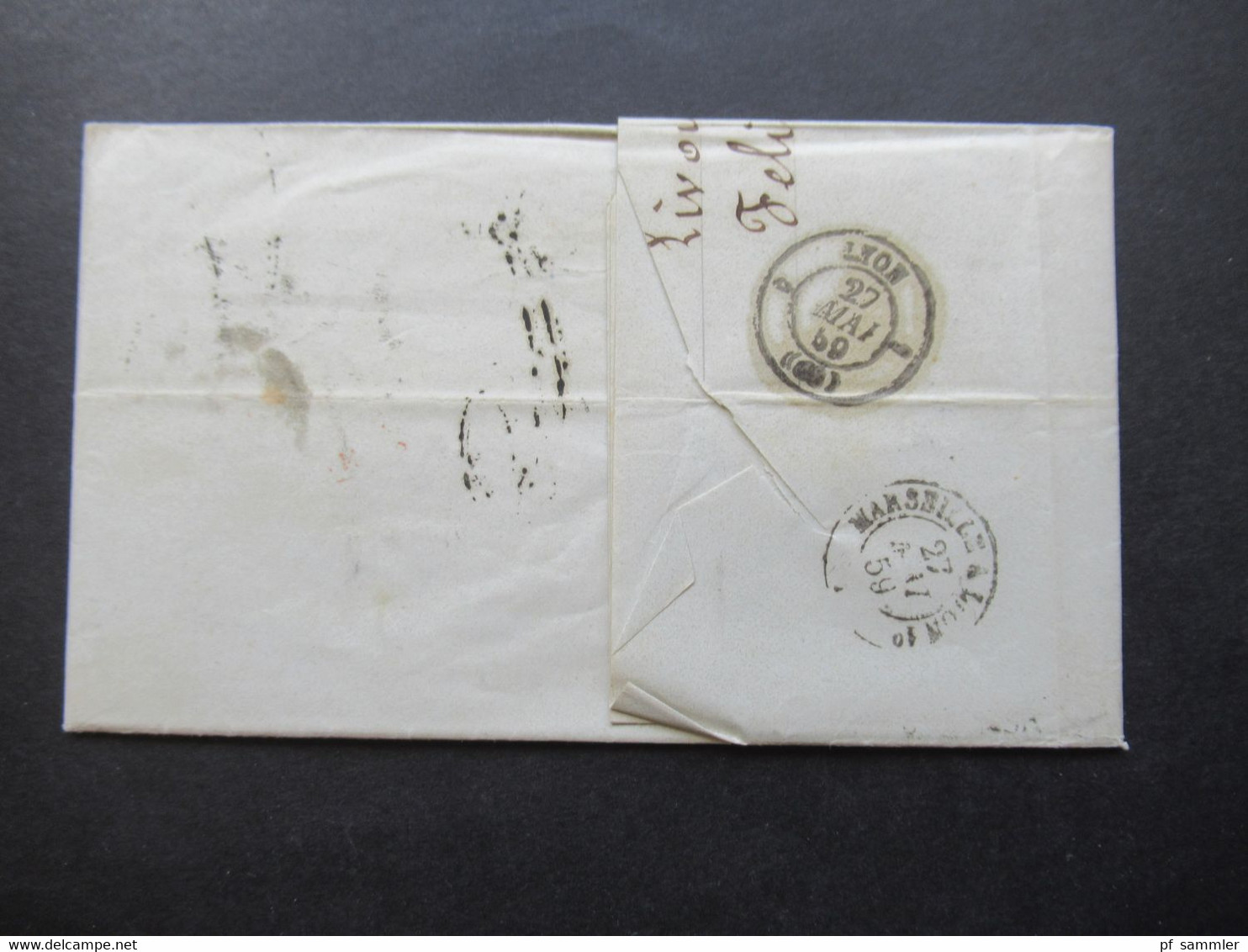 Auslandsbrief Mit Inhalt 1859 Livorno - Lyon Roter K2 Tosc Marseille Handschriftlicher Vermerk Vapeur Via Marseille - Toscane