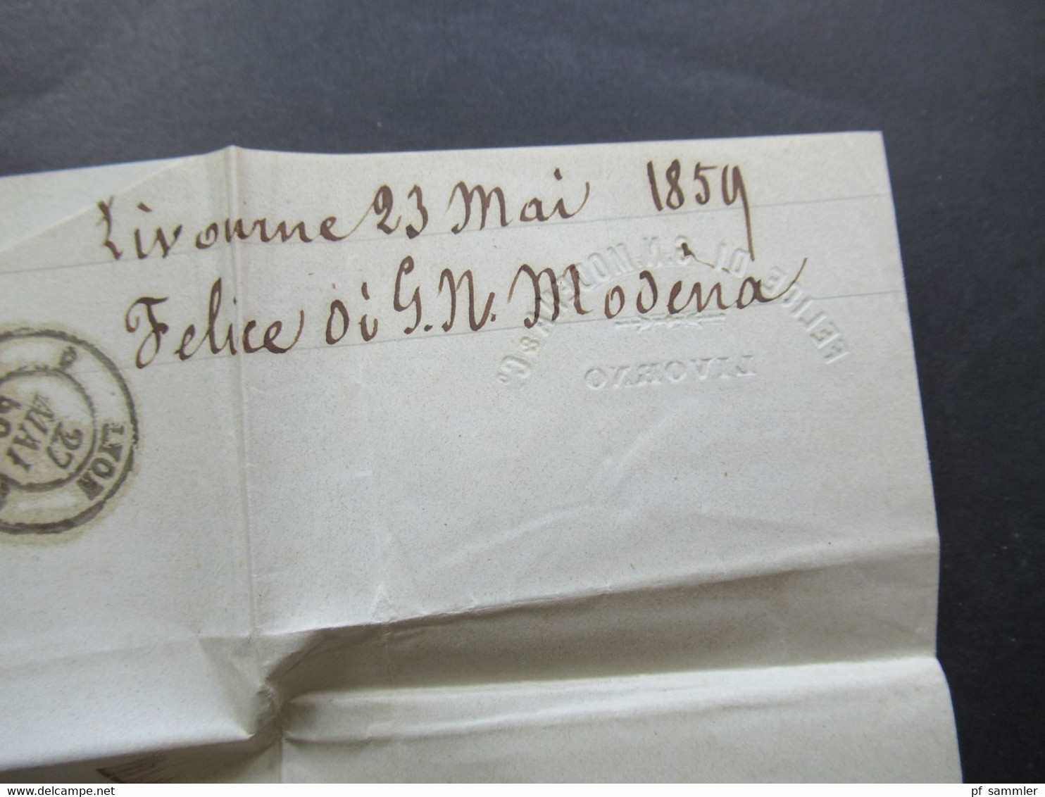 Auslandsbrief mit Inhalt 1859 Livorno - Lyon roter K2 Tosc Marseille handschriftlicher Vermerk Vapeur via Marseille