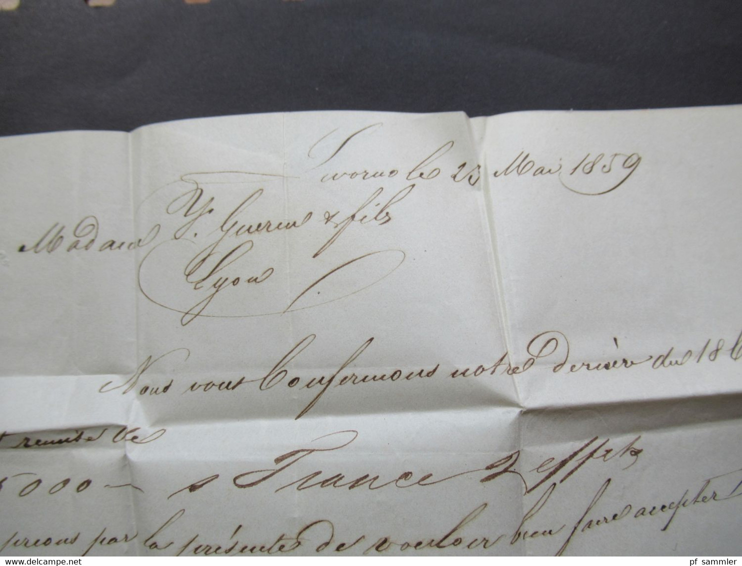 Auslandsbrief mit Inhalt 1859 Livorno - Lyon roter K2 Tosc Marseille handschriftlicher Vermerk Vapeur via Marseille