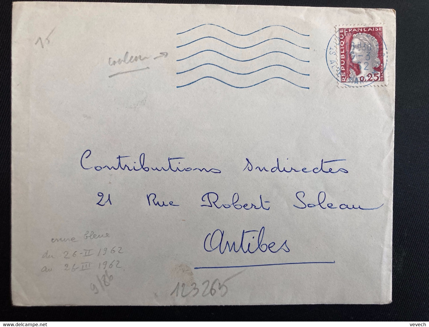 LETTRE TP M. DE DECARIS 0,25 OBL.MEC. BLEUE 10-3 1962 ST LAURENT DU VAR ALPES-MARTIMES (06) - 1960 Maríanne De Decaris