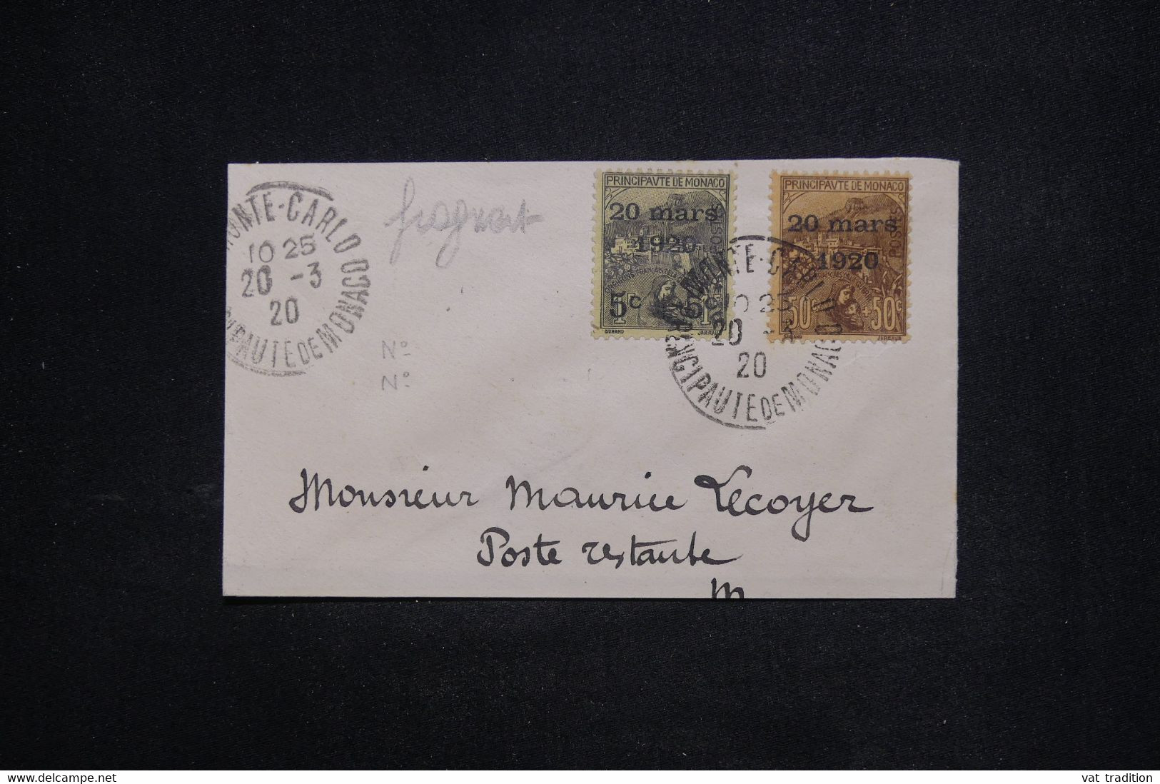 MONACO - Surchargés Sur Fragment D'enveloppe En 1920 - L 126602 - Storia Postale