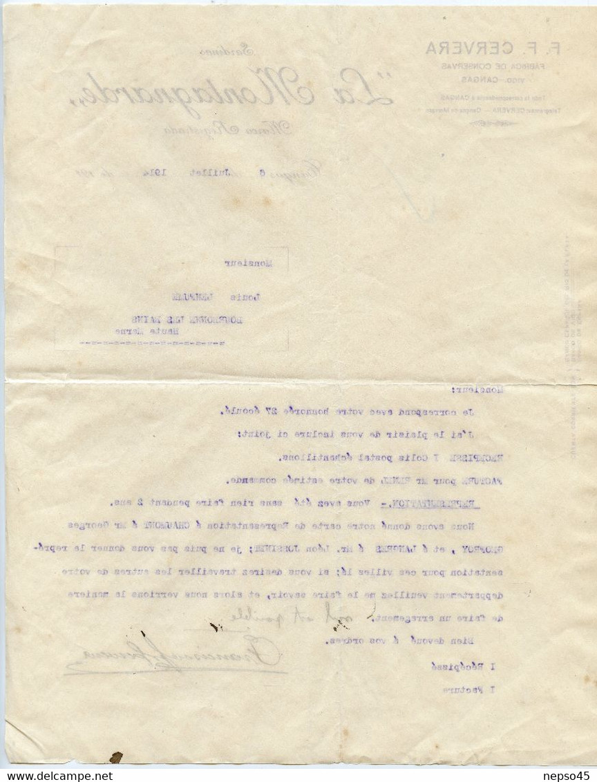 Conservas F.F.Cervera.Cangas Vigo.Espagne.Sardinas " La Montagnarde " 6 Juillet 1914.