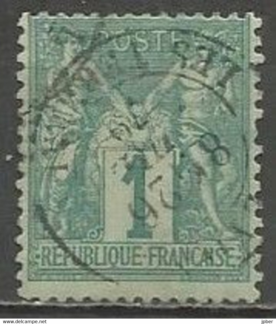 France - Type Sage - Type I (N Sous B) - N°61 1c. Vert - Obl. LYON LES TERREAUX - 1876-1878 Sage (Tipo I)