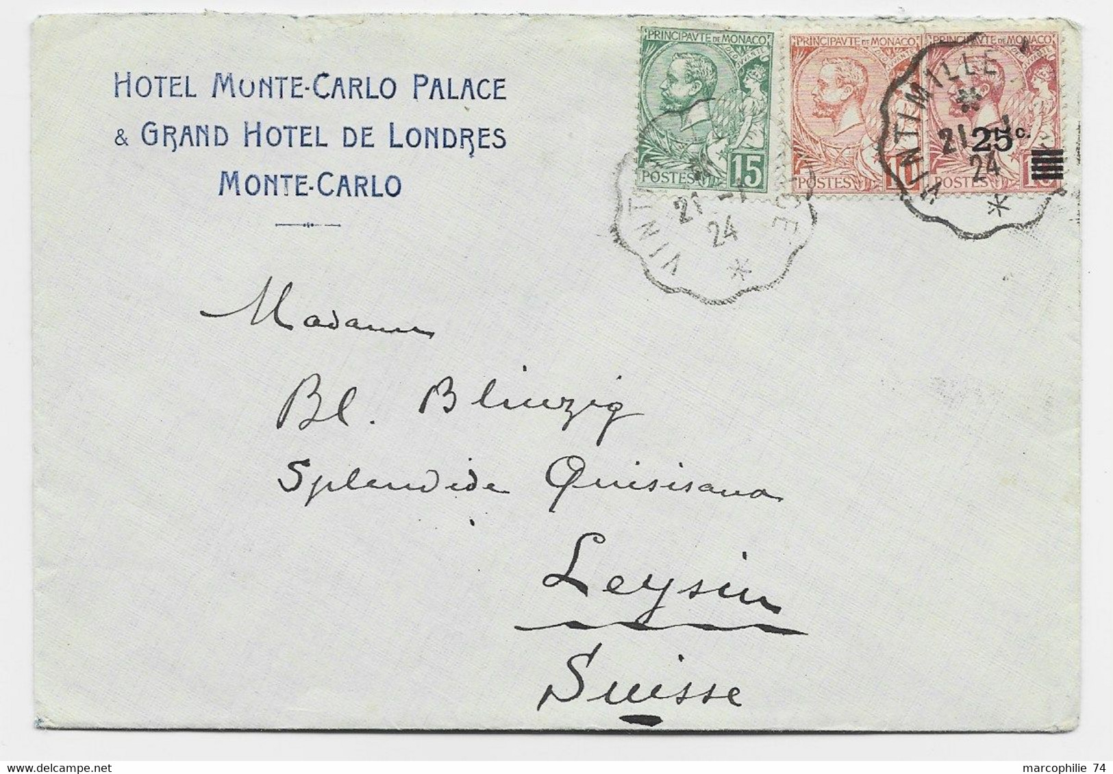 MONACO 15C+10C+25C LETTRE COVER ENTETE HOTEL MONTE CARLO PALACE GARND HOTEL DE LONDRES CONVOYEUR VINTIMILLE 1924 - Lettres & Documents