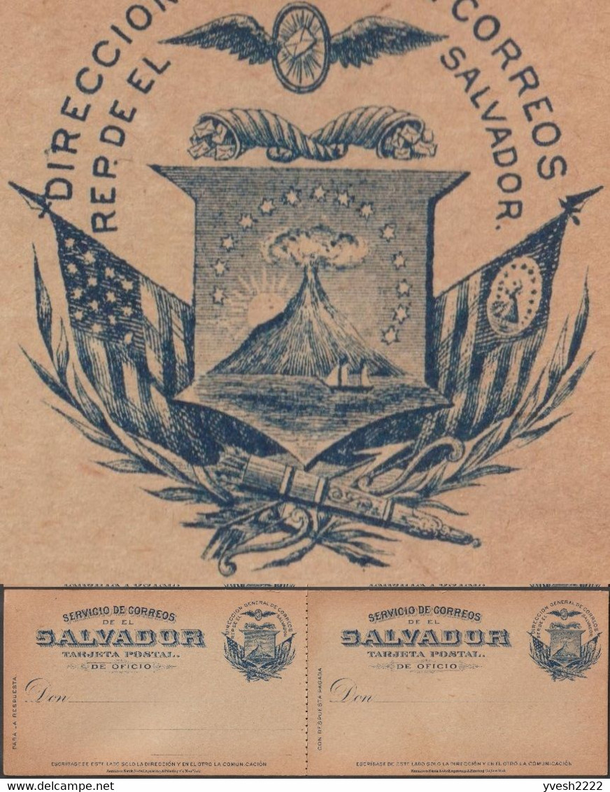 El Salvador Vers 1895. Entier Réponse. Roue Ailée, Corne D'abondance, Carquois & Flèches, Volcan El Boqueron, Drapeaux - Volcans