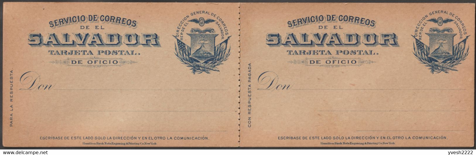 El Salvador Vers 1895. Entier Réponse. Roue Ailée, Corne D'abondance, Carquois & Flèches, Volcan El Boqueron, Drapeaux - Volcans